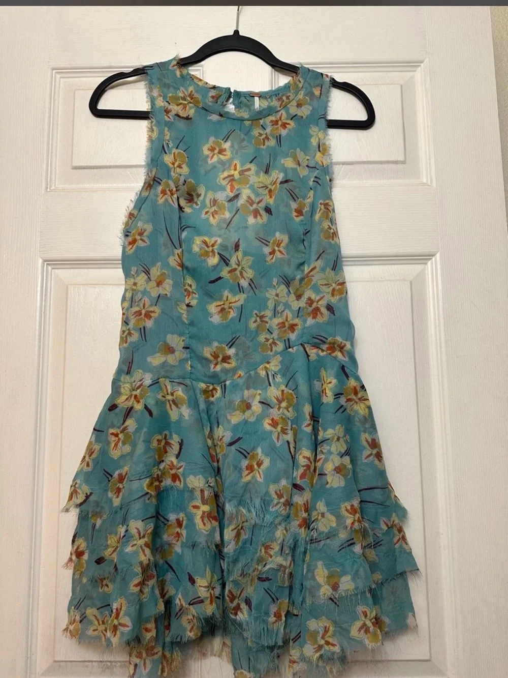 Free People Aqua Floral Ruffled Mini Dress